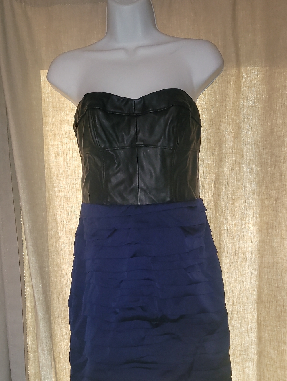 Express Strapless Black Faux-Leather Bodice with Navy Tiered Skirt Dress